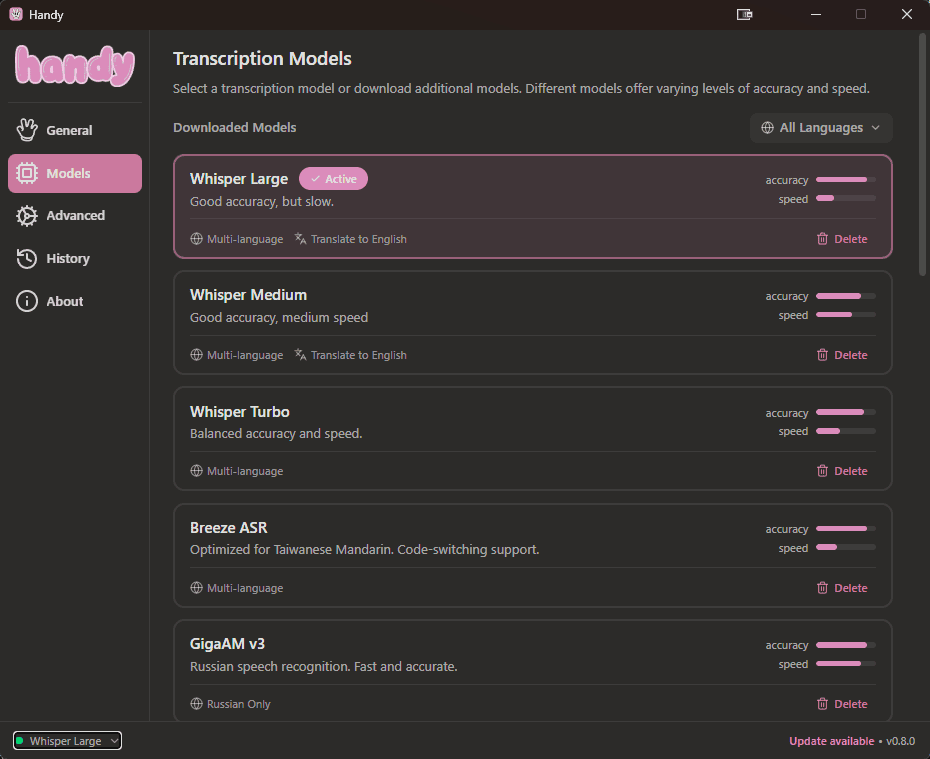 Интерфейс Handy — бесплатное open-source приложение для локального голосового ввода с выбором моделей Whisper, Parakeet и GigaAM