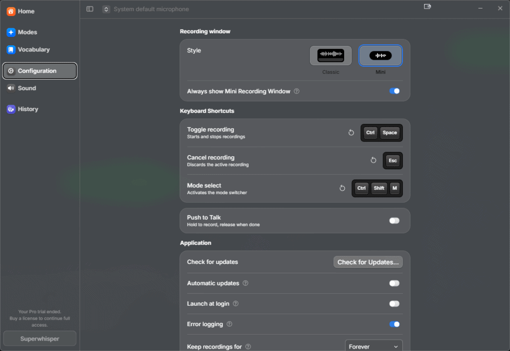 Интерфейс SuperWhisper — приложение для голосового ввода с локальными моделями Whisper, рекомендуемое Andrej Karpathy
