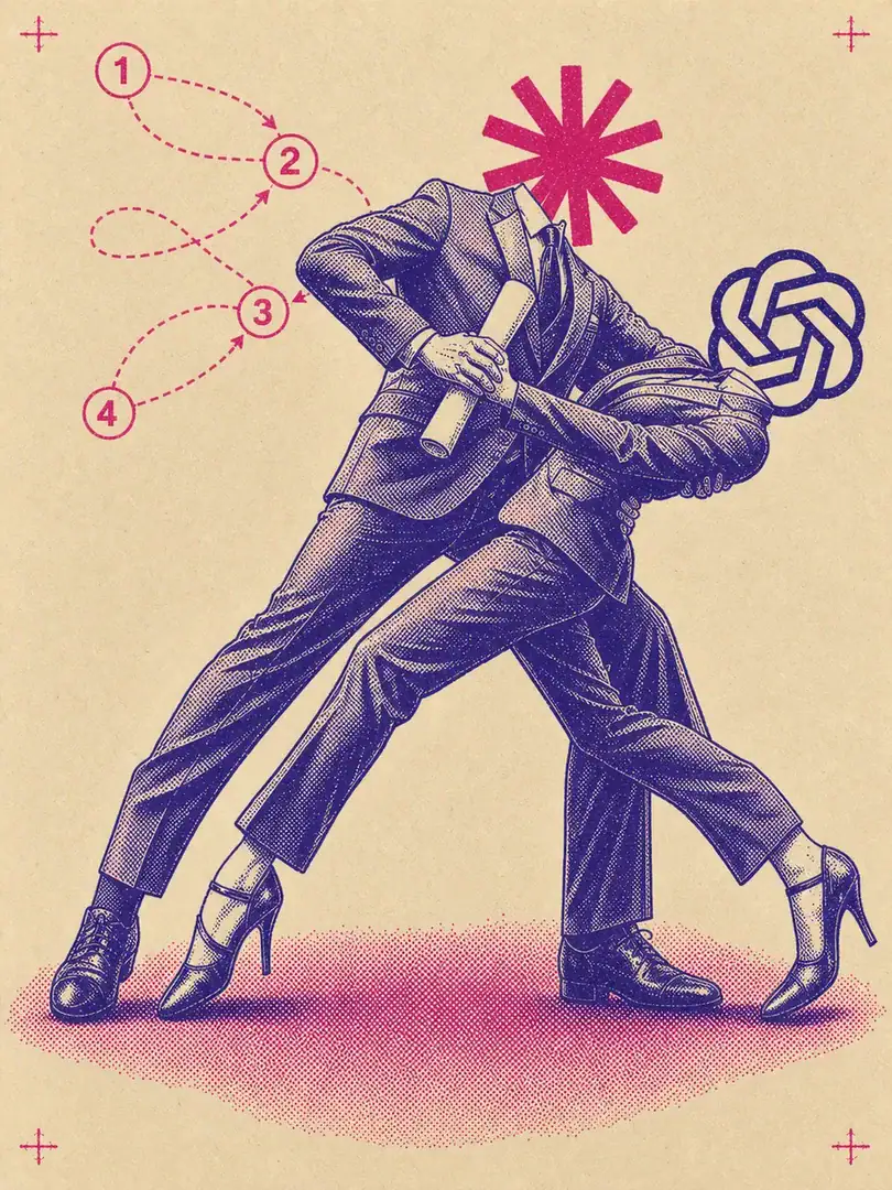 Афиша разбора plan-tango: пара танцоров в костюмах танцует танго со свитком-планом — вместо голов звёздочка Claude и узел OpenAI, сверху схема шагов 1–4, печать в две краски на крафте